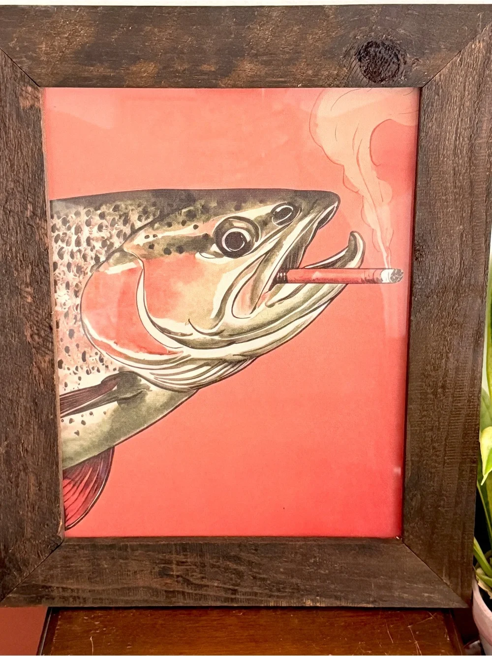 Trout Fish Smoking a Cigarette Vintage Style Canvas Wall Art Print Wood Framed